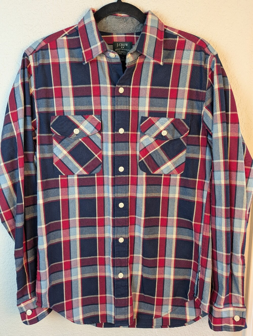 J. Crew Mens Heavyweight Flannel Button Up Shirt S 100% Cotton Blue Red Plaid